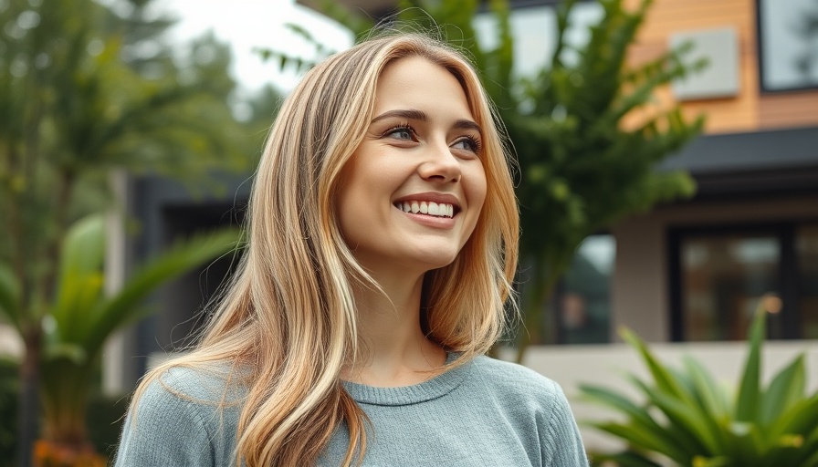 Christina Haack smiling outdoors near a modern house.