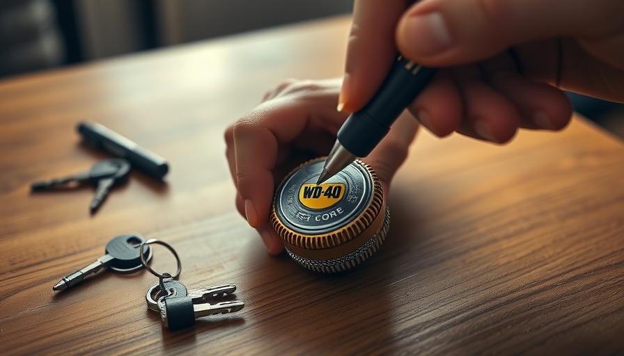 Close-up hands using WD-40 Precision Pen on lock.