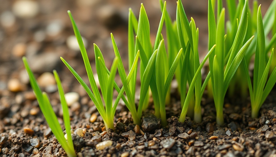 Fresh grass sprouts emerging from soil with scattered seeds.