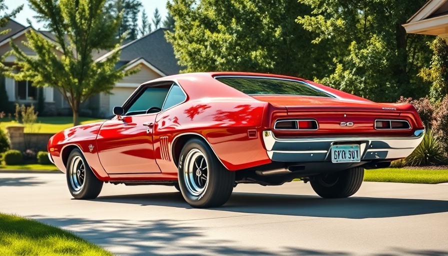 Classic red car on driveway, ideal for buying a classic car enthusiasts.