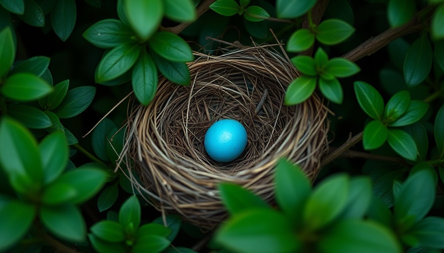 Bird nest with an egg in foliage showcasing materials used in nesting.