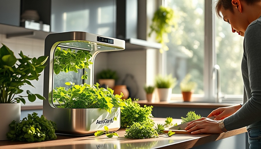 Modern kitchen with AeroGarden and chopped herbs.