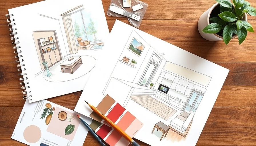 Interior design sketches and color wheel on table showcasing role of an interior designer.