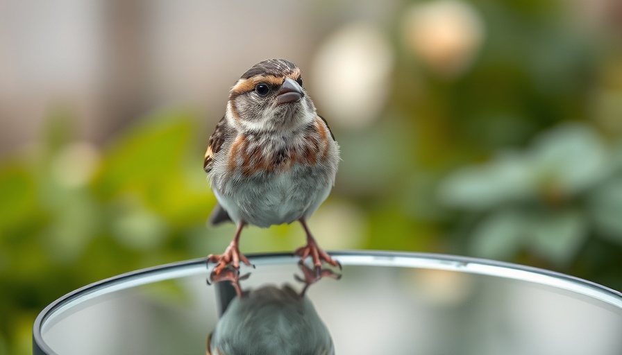 Sparrow on a mirror in the garden with blurred green background.