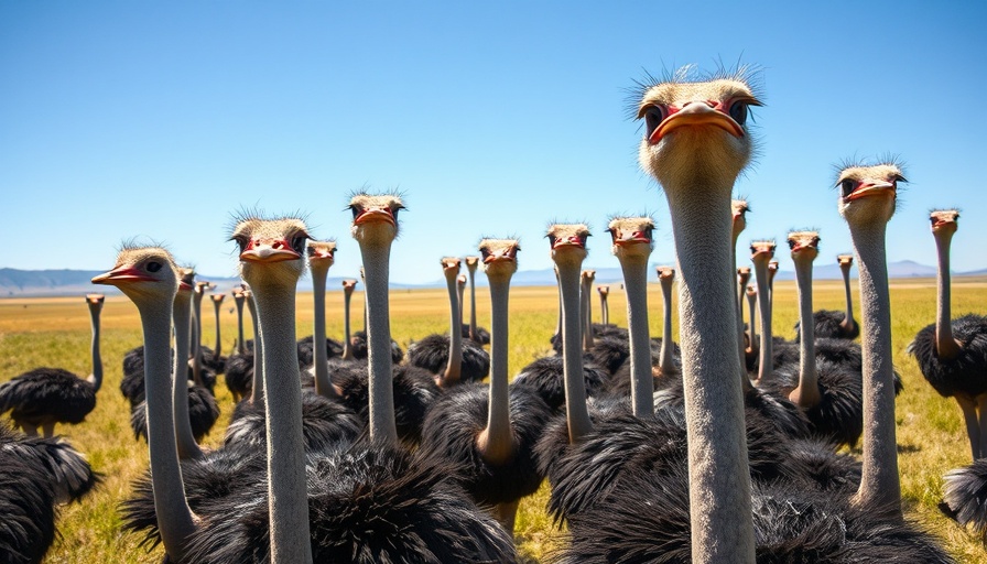 Ostrich flock staring, fastest bird on two legs, daytime grassland.