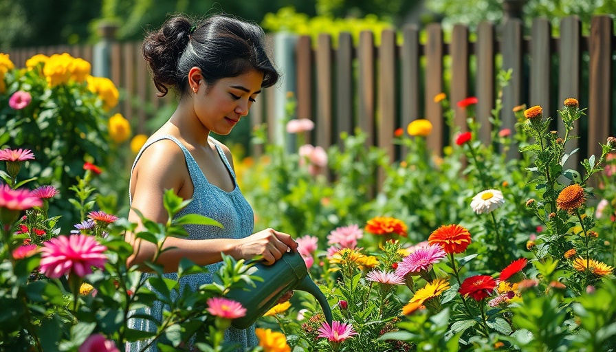 Person practicing daily gardening, watering lush plants in a vibrant garden.