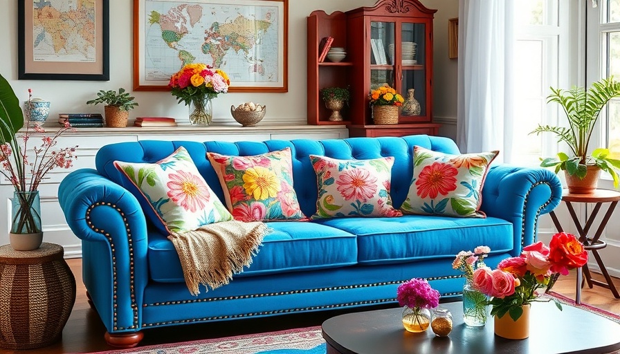 Fun sofa with vibrant blue and floral cushions in a cozy living room.