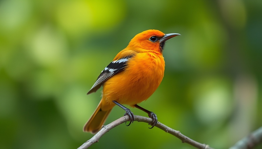 Vibrant Baltimore Oriole perched on a branch in a green forest.