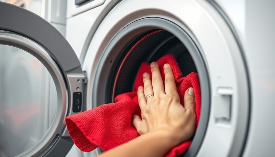 Close-up of hand cleaning washing machine with red cloth.