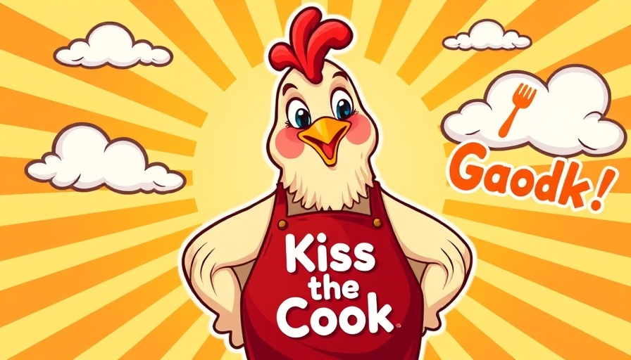 Cartoon chicken with apron in sunburst backdrop, Backyard chicken community in Alabama