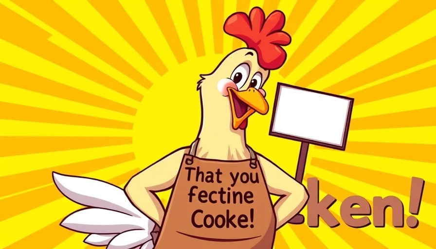 Cartoon chicken in apron with cheerful message about Backyard Chickens Care.