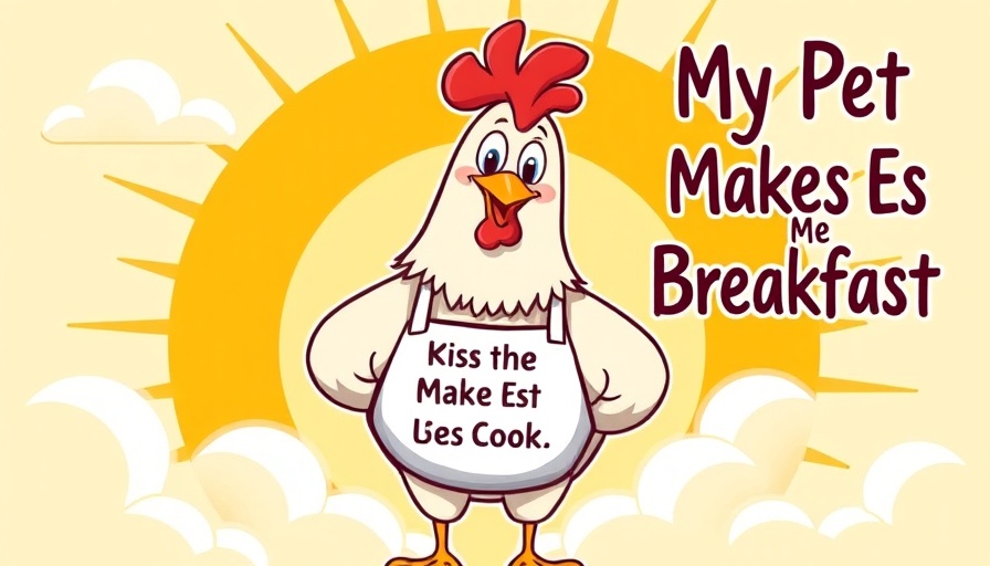 Cartoon chicken in apron with sunrise backdrop and playful text
