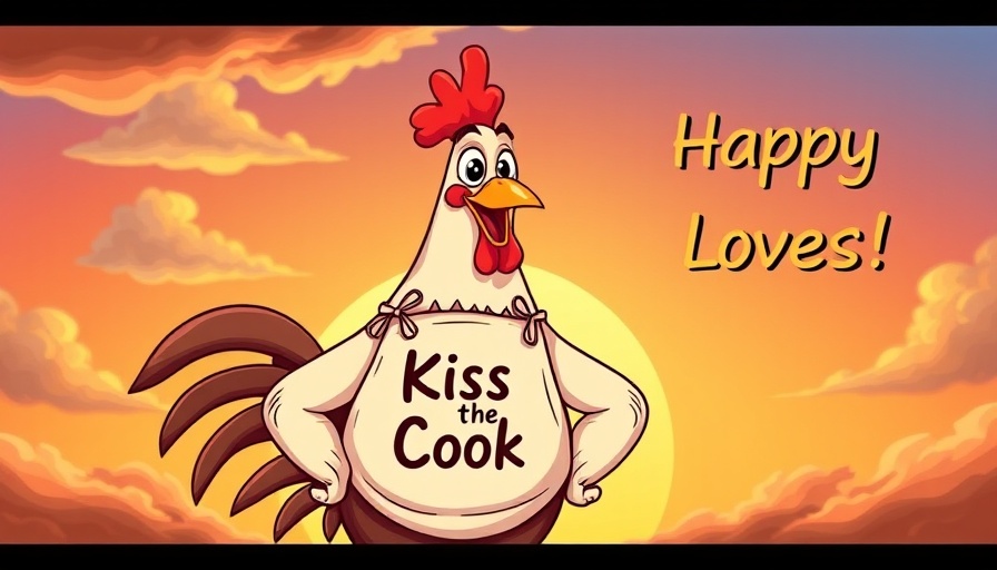 Humorous cartoon rooster with apron in sunburst background.