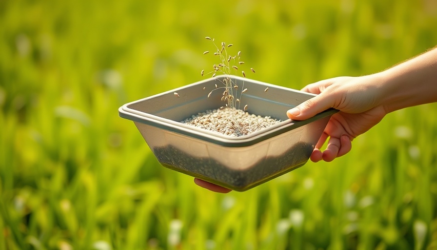 Seeding lawn with hand-held spreader in sunlight.