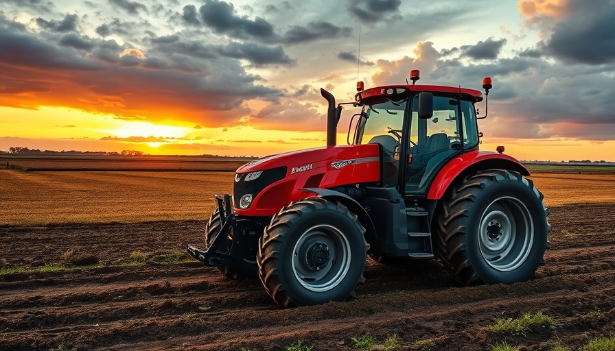 Benefits of Dual Wheels on a red farm tractor in a sunset field.