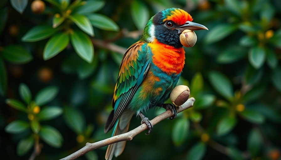 Bird holding a pistachio on a branch in dense foliage.