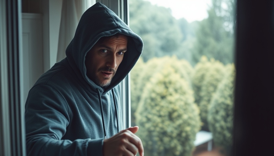 Hooded man attempting to break into a home, highlighting the need for smart security gadgets for home protection.