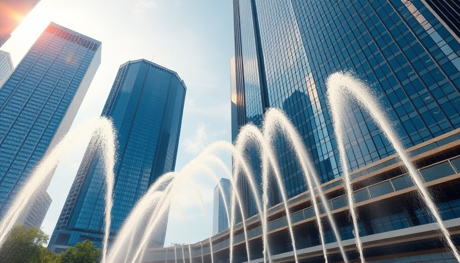 Skyscrapers and fountains in Dallas cityscape.