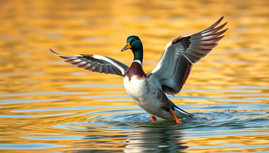 Duck braking from flight over water with wings spread wide.