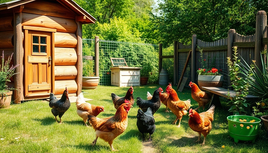 Backyard with chicken coop and chickens - raising backyard chickens.