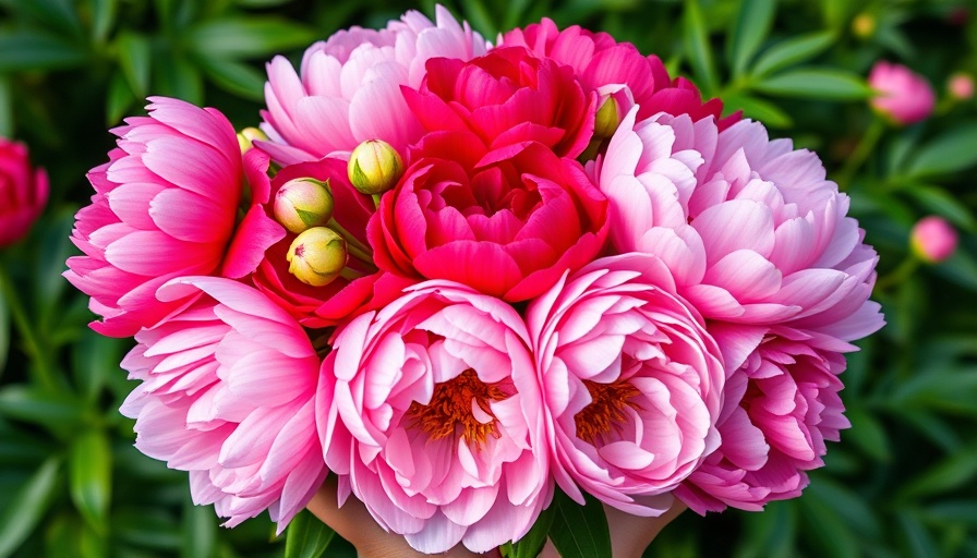 Vibrant peony bouquet in hands, garden setting.