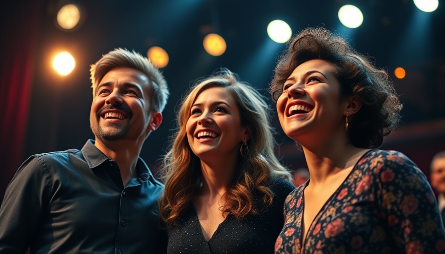 Three performers on stage, joyful expressions, vibrant musical setting