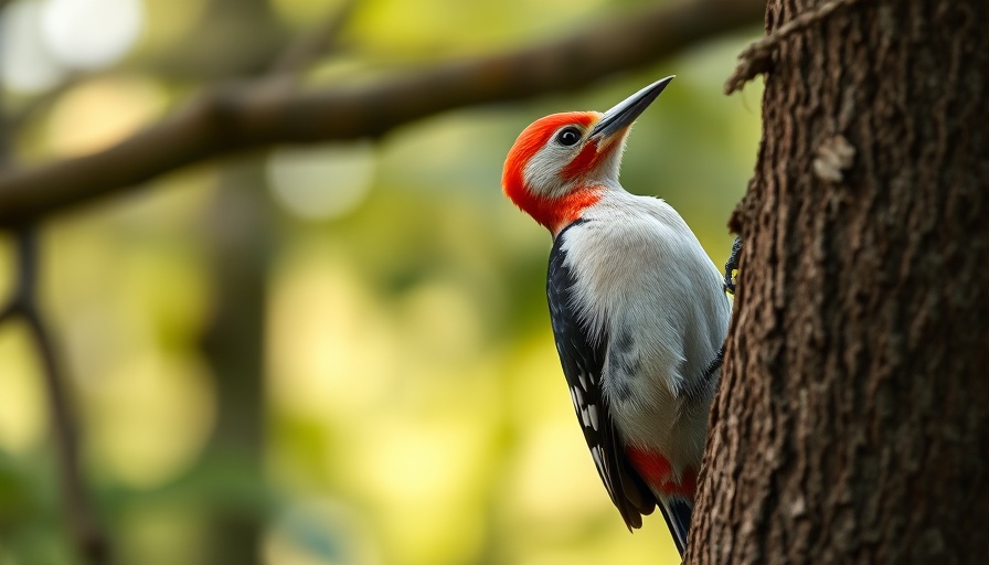 Red-headed woodpecker drumming in forest, woodpecker drumming communication.