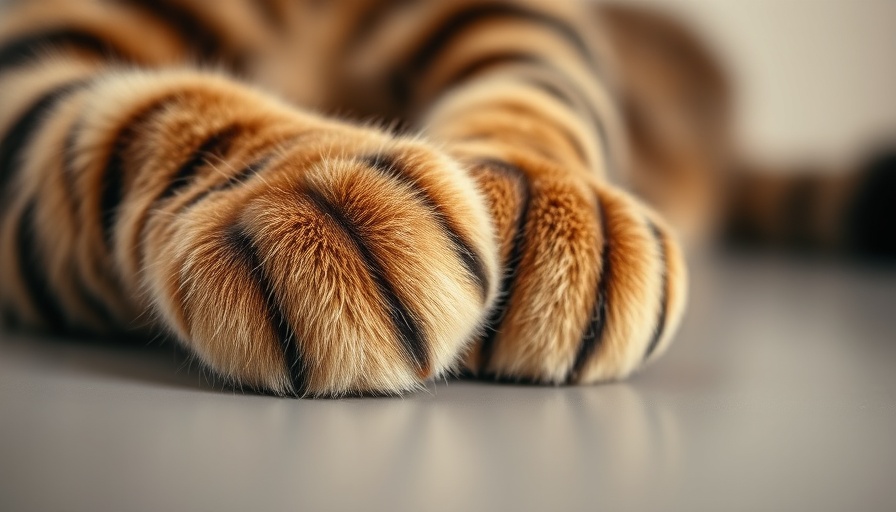 Tabby cat's paws in close-up, resting on a surface.
