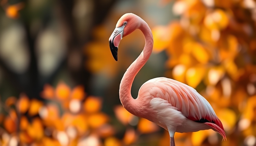 Vivid pink flamingo stands gracefully amidst autumn leaves.