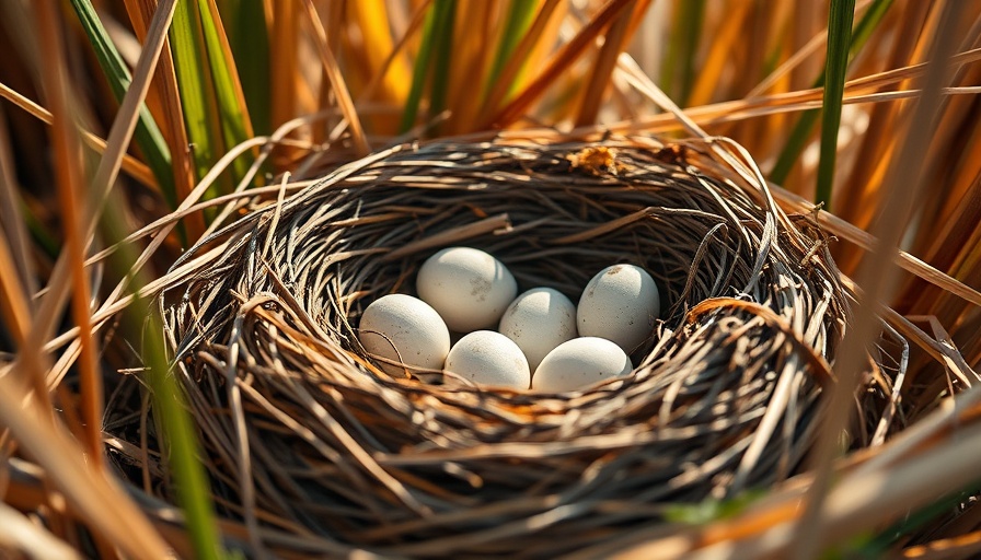 Field Sparrow nest with eggs among dry grasses, displaying nesting behaviors.