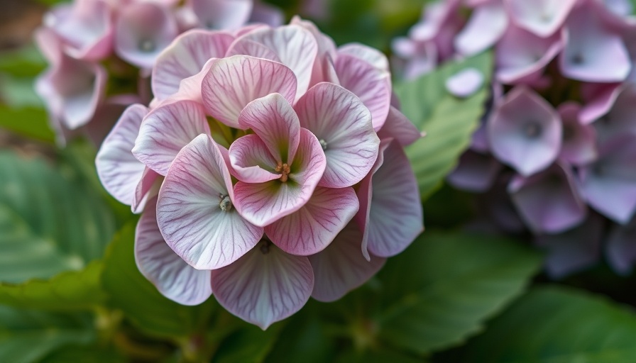 Partially blooming hydrangea flower amid green leaves.