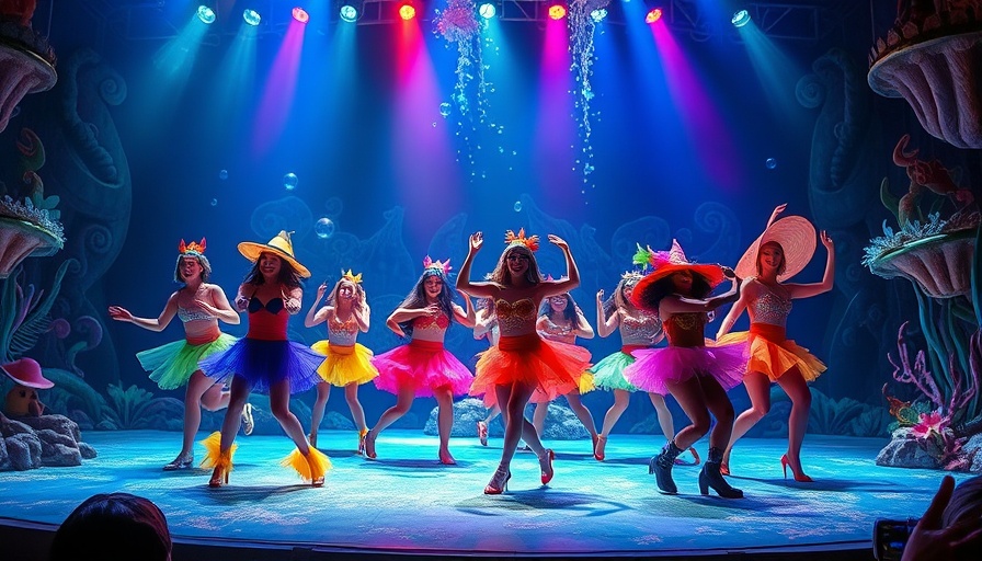 Colorful performance at Broadway FINN benefit with vibrant costumes.
