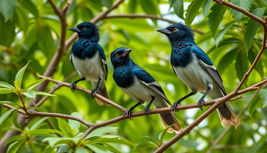 Magpie-jays in cooperative breeding behavior among green leaves.