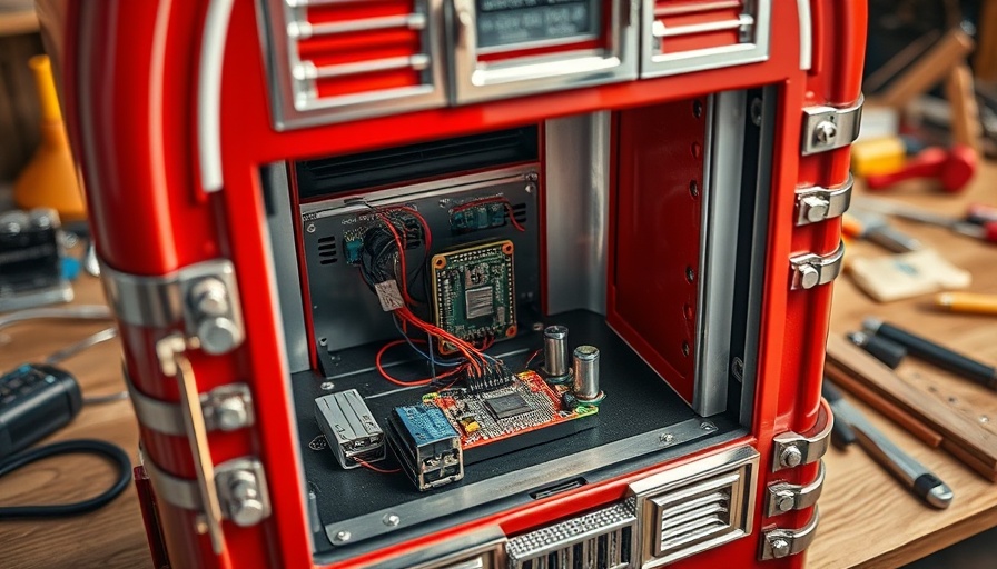 Interior view of a vintage red holiday jukebox with ESP32 modification, showing wiring and components on a workbench.