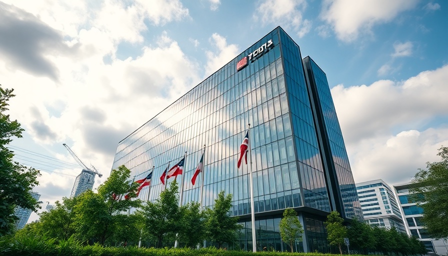Smart home automation company building with flags and sky