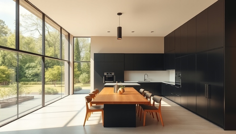 Modern open-plan kitchen and dining area with large windows and plants.