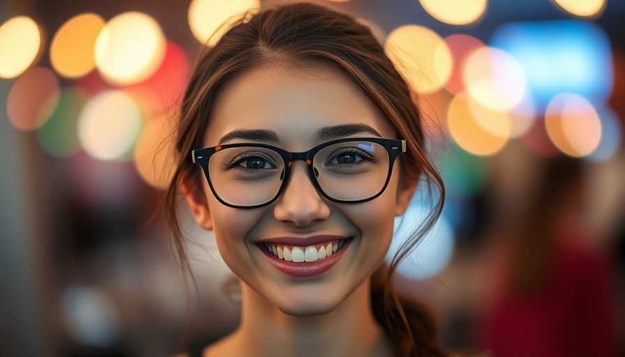 Smiling woman against a bokeh backdrop, smart lighting solutions.