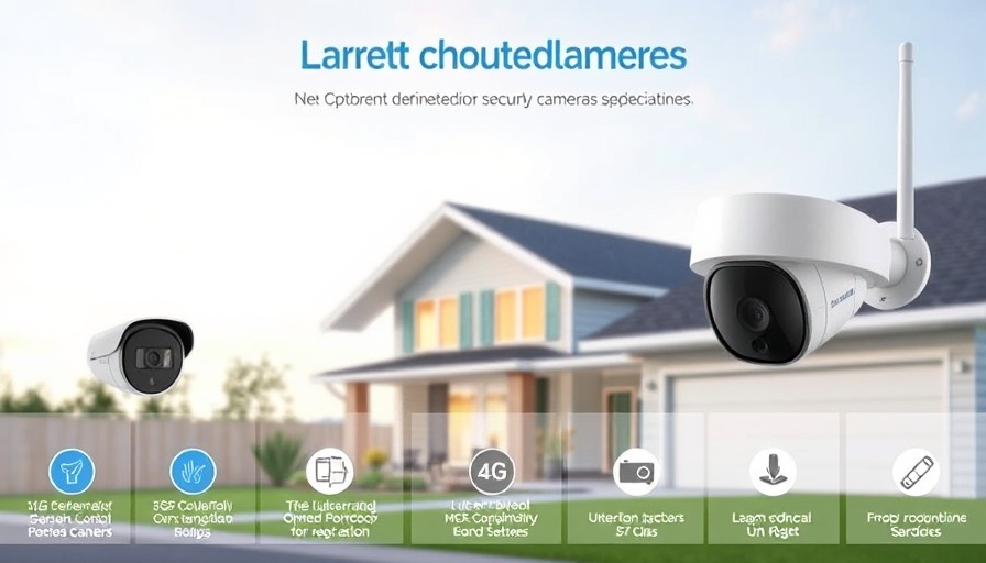 4G Cellular Security Cameras infographic with features and modern house backdrop.