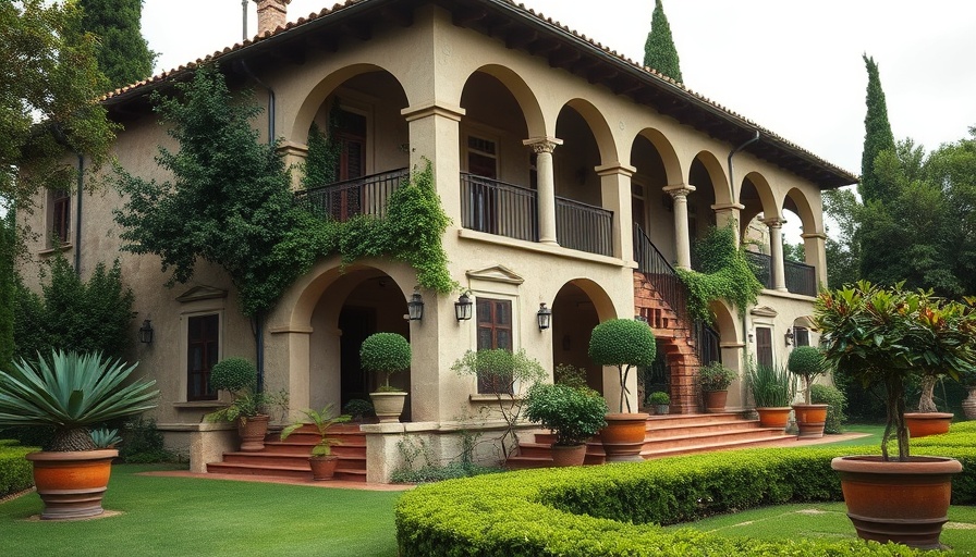 Luxurious villa garden blending rustic charm and elegance.