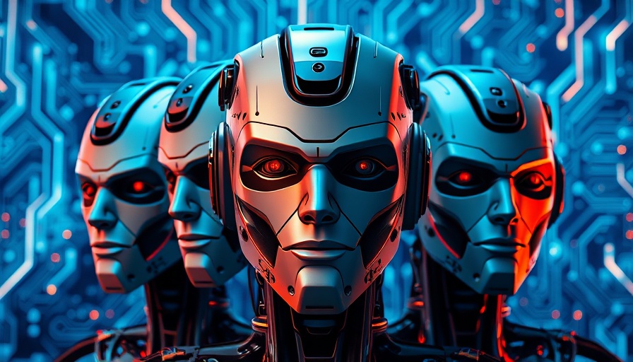 AI division in C-suite: robotic faces amid technological backdrop.