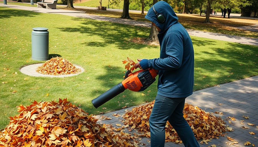 Gas-powered leaf blower in use amidst Cambridge park leaves.