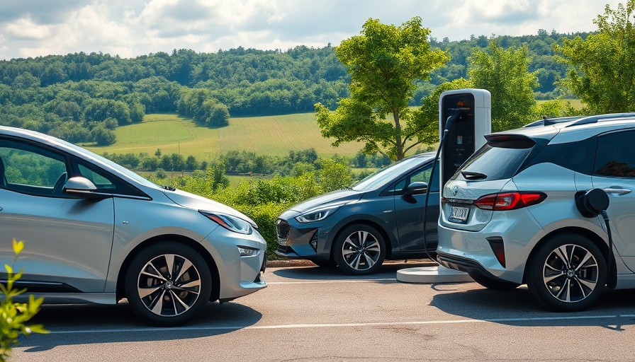 Electric cars charging at UK station, reducing carbon emissions.