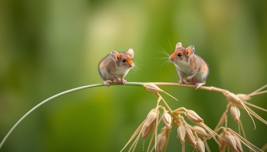 Three tiny mice displaying first responder behavior on a wheat stalk