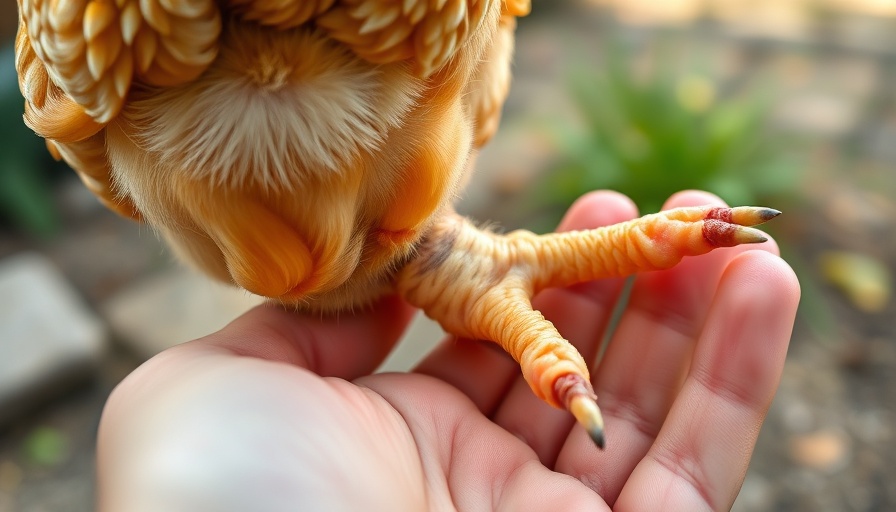 Swollen feet in chickens close-up held by hand.