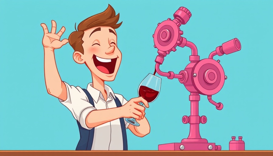 Cartoon of man using a complex machine to pour wine, vibrant colors.