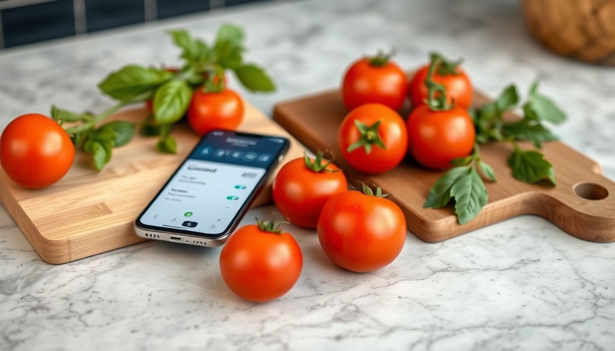 Savant ClimateMaster Heat Pump Integration app on phone next to tomatoes.