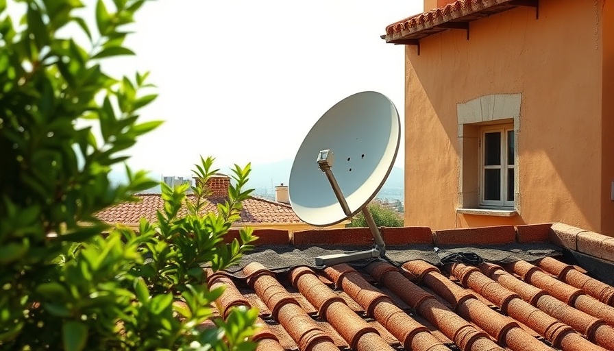 Rural satellite dish installation on desert home.