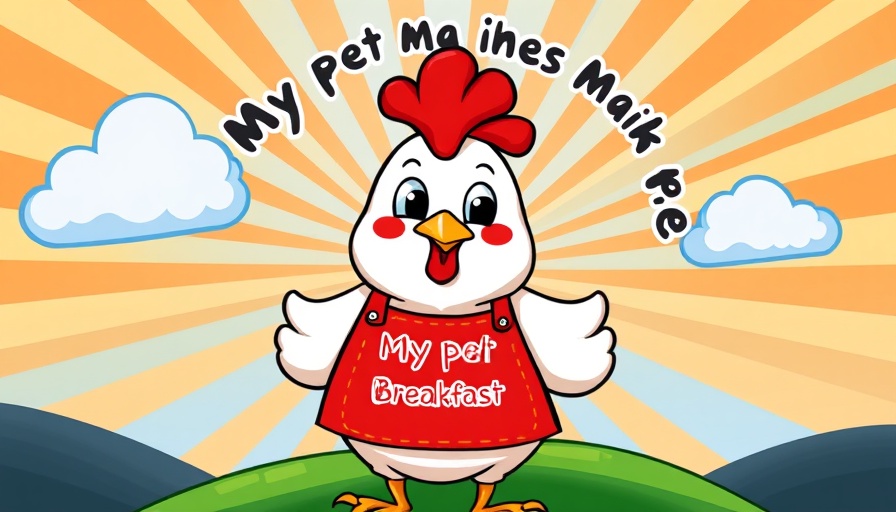 Cheerful cartoon chicken with a sunrise background.