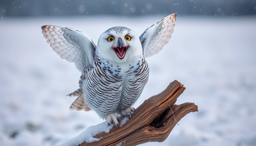 Snowy owl perched on driftwood amidst gentle snowfall, Fun Facts About Snowy Owls.