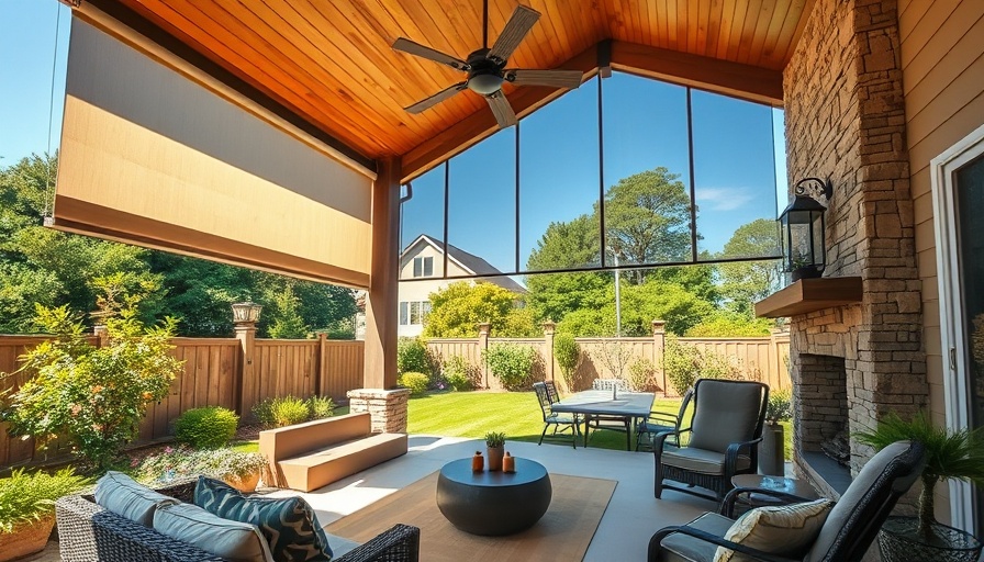 KAOS High-Wind Outdoor Shades in a cozy patio with stone fireplace.